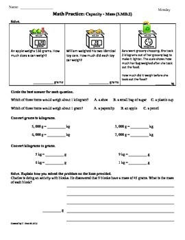 Preview of (3.MD.2)Capacity/Mass -3rd Grade Common Core Math Worksheets