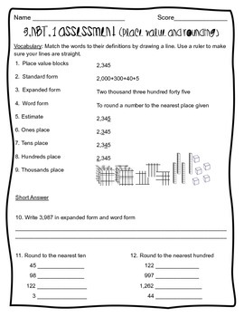 worksheets for 4 grade australia maths 3.NBT.1 Value Place Test Rounding Quiz and Assessment Pre