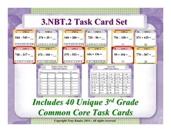Preview of 3.NBT.2 3rd Grade Common Core Math Task Cards - Add & Subtract Within 1,000