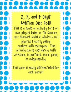 Preview of 3.NBT.2 Addition Dice Activity- Differentiated