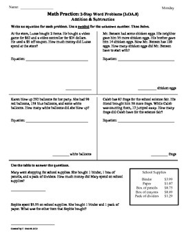 (3.OA.8)2-Step Word Problems(add&subtract) 3rd Grade Math Worksheets