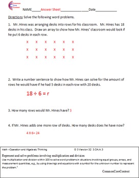 Preview of 3.OA.A.3 Word Problems Third Grade Common Core Math Worksheets 3.OA.3