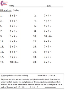 multiplication math worksheet for grade 3 which number sentence is