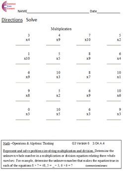 3.Oa.a.4 Third Grade Common Core Math Worksheets Multiplication & Division 3.Oa4