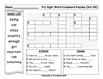 3rd 100 Fry Sight Words Crossword Puzzles by A W Creations TpT