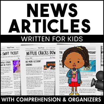 Preview of News Article Reading Comprehension Passages and Questions & Graphic Organizers