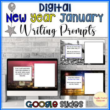 Preview of 3rd 4th 5th grade Writing Prompts January New Year Digital Google Slides 2024