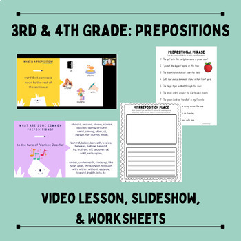 Preview of 3rd & 4th Grade - Grammar Prepositions - Video Lesson, Google Slides, Worksheets