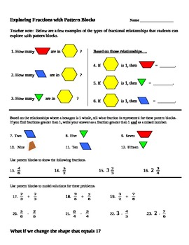 Preview of 3rd 4th Grade Math Pattern Blocks Fractions Part of Whole Gr 3-4 Worksheet