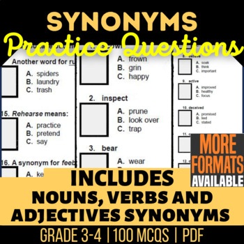 Preview of Synonyms Worksheets | Nouns Verbs Adjectives | Grammar Practice 3rd-4th Grade