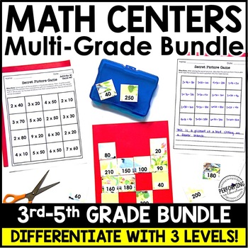 Preview of 3rd-5th Grade Math Centers Year-Long Bundle | Fractions, Multiplication, Shapes