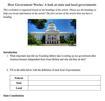 Preview of 3rd-5th GradeState vs. Local Government Worksheet