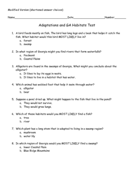 3rd grade animal and plant adaptations and habitats science test