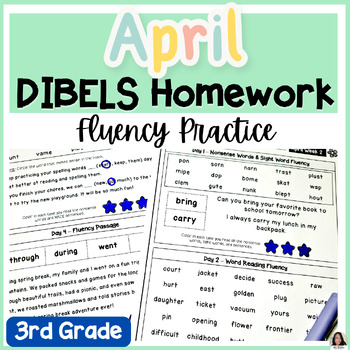 Preview of 3rd Grade April Reading Fluency Homework DIBELS 8 | NWF, WRF, ORF, MAZE HW