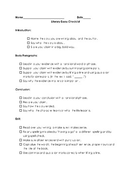 Preview of 3rd Grade Baby Literary Essay Checklist Bend 1