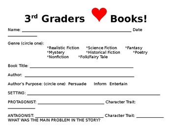 book report form for 3rd grade