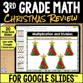 Preview of 3rd Grade Christmas Math Google Slides Worksheets & Activities Packet for Review
