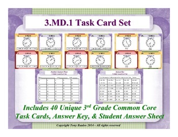 Preview of 3rd Grade Common Core Math Task Cards 3 MD.1 Tell and write time. 3.MD.1