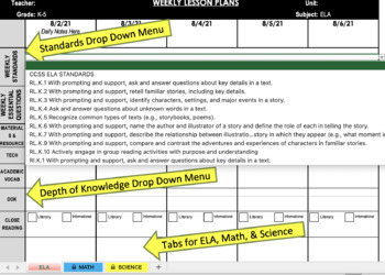 3rd Grade Common Core Weekly Lesson Plan Template Ela Math Portrait