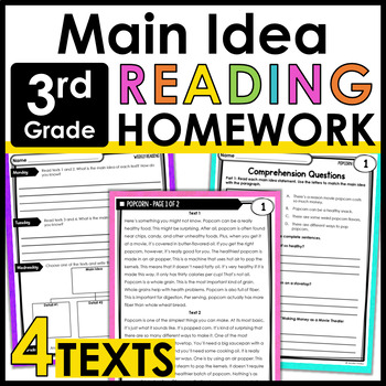 Preview of 3rd Grade Reading Homework Review - Main Idea - Common Core Aligned