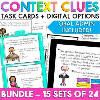 Preview of Context Clues Task Cards Print & Digital with Audio Support - Bundle of 15 Sets
