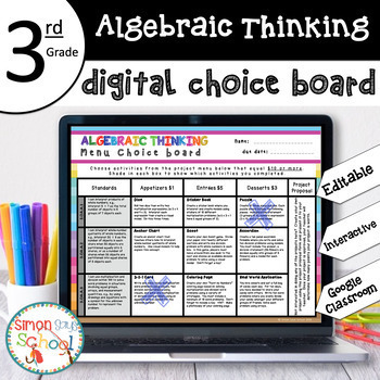 Preview of 3rd Grade DIGITAL Algebraic Thinking Choice Board – Editable - Distance Learning