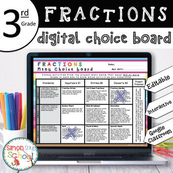 Preview of 3rd Grade DIGITAL Fractions Choice Board – EDITABLE – Distance Learning