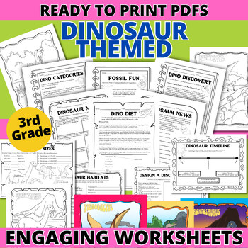 Preview of 3rd Grade DINOSAUR Theme Worksheets | Math, Reading Comprehension CCSS
