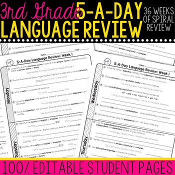 Preview of 3rd Grade Daily Language Spiral Review Morning Work [Editable]