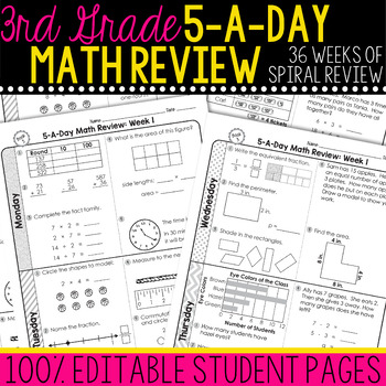 Preview of 3rd Grade Daily MATH Spiral Review Morning Work [Editable]