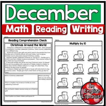Preview of 3rd Grade December Reading Math and Writing Worksheets in English & Spanish