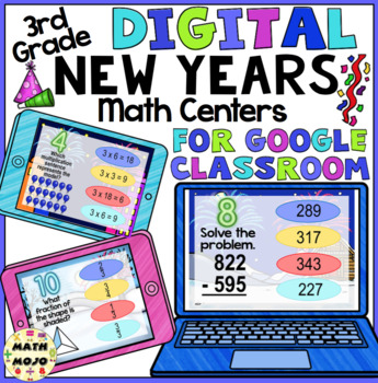 Preview of 3rd Grade Digital New Years Math Review Centers