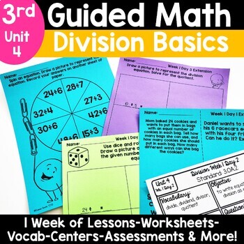 Preview of 3rd Grade Division Basics Activities Worksheets - Guided Math Unit 4 3.OA.2