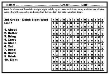 3rd grade dolch sight words word search worksheets no prep sub plan