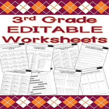 Preview of 3rd Grade EDITABLE Math Worksheets (Base Ten, Operations, and Fractions)