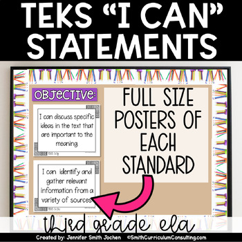 Preview of 3rd Grade ELA TEKS I Can Statements Full Size Objective Posters Black and White