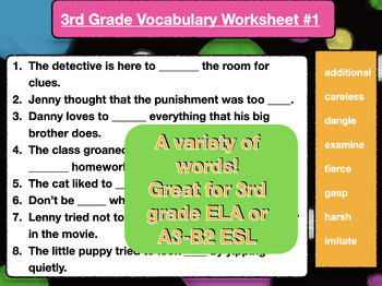 Preview of 3rd Grade/ESL Vocabulary Worksheets: Set of 8 - Fill in the Blank