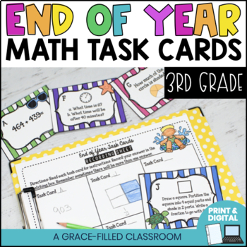 Preview of 3rd Grade End Of Year Math Task Cards Print and Digital