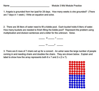 Preview of 3rd Grade Eureka Math Mid & End of Module Practice Worksheets Modules 1,2,3