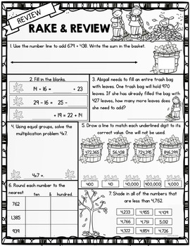 3rd Grade Fall Math Packet Review by KP Plans | TpT