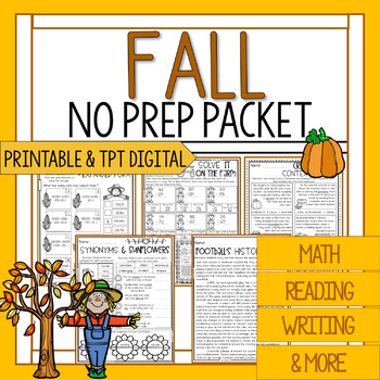 Preview of 3rd Grade Fall Packet | Math and Reading Fall Worksheets | Fall Break