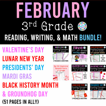 Preview of 3rd Grade February BUNDLE for Reading, Writing, & Math | No-Prep Worksheets!
