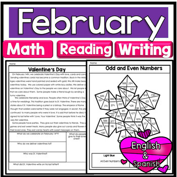 Preview of 3rd Grade February Reading Writing and Math Worksheets in English & Spanish