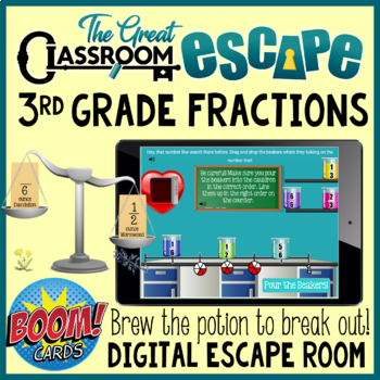 Preview of 3rd Grade Fractions Digital Escape Room Boom Cards™ Valentine's Day Math Game