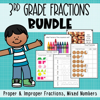 Preview of 3rd Grade Fractions, Mixed Numbers and Improper Fractions Activities BUNDLE