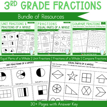Preview of 3rd Grade Fractions Worksheet | Fractions of a Whole | Compare Fractions