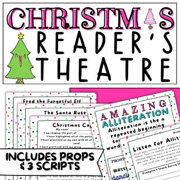 Preview of 3rd Grade Funny Christmas Reader's Theatre with Props & Alliteration Activity