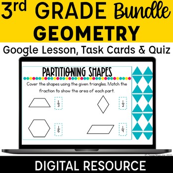 Preview of 3rd Grade Geometry Digital Resources | Lessons Task Cards & Quizzes 3.G.1 3.G.2