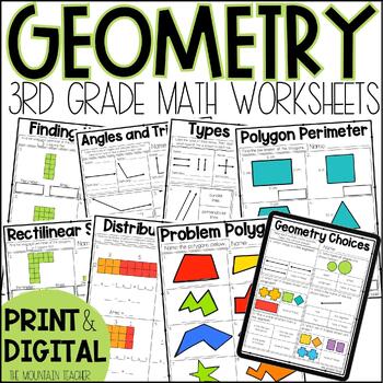 Preview of 3rd Grade Geometry Worksheets for Polygons, Lines, Angles, Area and Perimeter