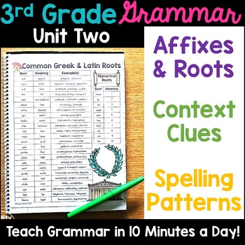 Preview of 3rd Grade Grammar Affixes and Roots Context Clues Spelling Patterns